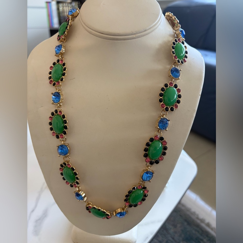 Colorful Statement Necklace Green Blue Pink Rhinestone Gold Tone